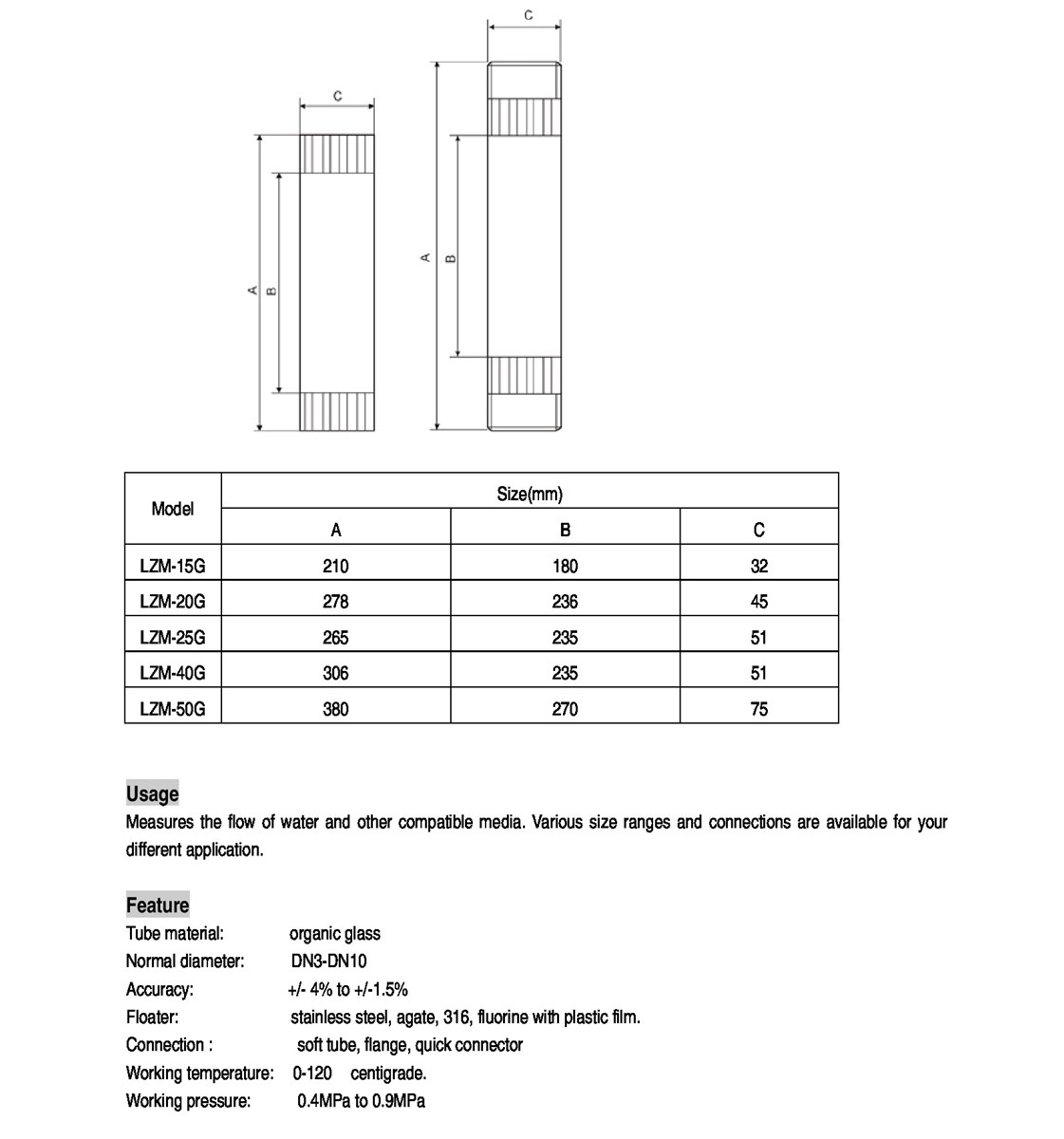 Lưu lượng kế LZM-50G lắp trên đường ống- có ren